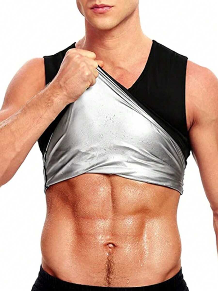 1pc Men's Sports Fitness Compression Shirt, Sweat-Wicking Body Shaper Sauna Vest - Black - View 1