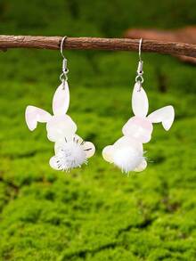 1 Pair Glitter Acrylic Cute Bunny With Pom Pom Tail Rabbit Easter Day Earring