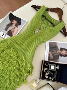 Women's Fashionable Elegant Casual Party Vacation Style Green Tassel Design Sleeveless Square Neck Knit Dress, Women's Summer Set, Women's Spring Vacation Set, Women's Elegant Party Dress, Women's Vacation Dress, Women's Green Dress - Lime Green - View 5