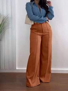 Solid Color Zipper Pocket Button Waistless Elegant Fashion Versatile Suit Pants, Suitable For Commuting - Brown - View 5