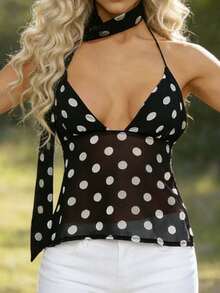 Women Tank Tops Halter Neck Sleeveless Dot Print Summer Backless Crop Vest With Scarf Set - Black - View 1
