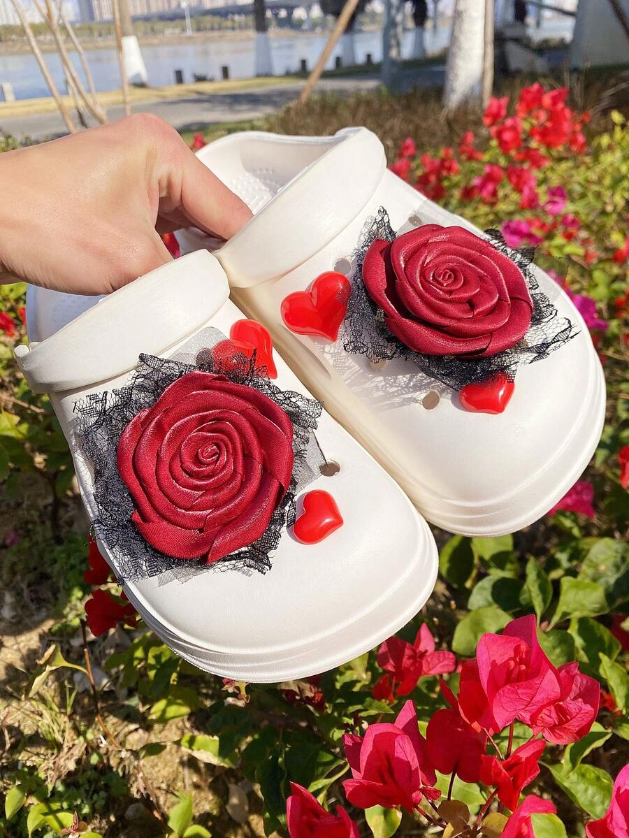 6pcs Valentine's Day Rose & Heart Hollow Shoe Decorations DIY Accessories - Fun, Versatile Personalized Shoe Embellishments, Perfect Gifts For Holidays, Parties And Special Occasions - Red - View 1