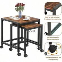 Juego de 2 Mesa Auxiliar con Ruedas, Mesa de Centro para Sala,  Mesas de Laterales Anidación, Mesas de Café Apilable para Sala de Estar, Mesitas de Noche para Recámara, 45x48x53cm, Marrón - por defecto - Ver 4