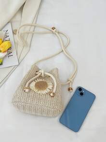 Strawberry Fashion New Shoulder Crossbody Bag Handbag Commuter Bag Drawstring Bucket Bag Minimalist Sunflower Shoulder Bag - Beige - View 3