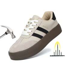 女士安全鞋，系带新款安全鞋，超柔软皮革鞋面，钢制鞋头，防砸防刺工作鞋，轻便透气工业建筑防护鞋，女士劳动防护鞋，适合春、夏、秋、冬四季穿着 - 黑色 - 查看 1