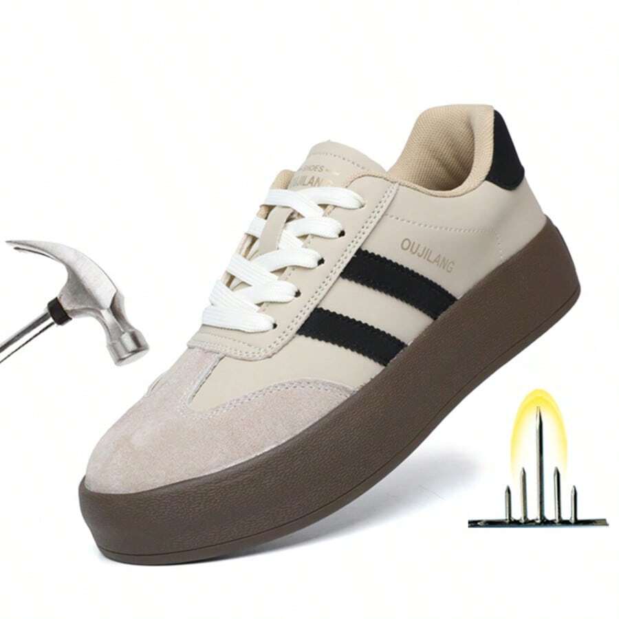 女士安全鞋，系带新款安全鞋，超柔软皮革鞋面，钢制鞋头，防砸防刺工作鞋，轻便透气工业建筑防护鞋，女士劳动防护鞋，适合春、夏、秋、冬四季穿着 - 黑色 - 查看 1