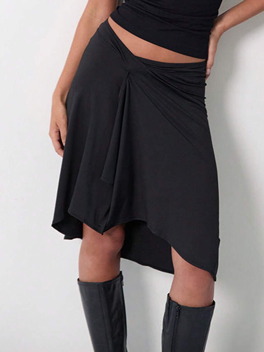 Women's Striped Midi Skirts Y2K Low Waist Ruffle Flowy A-Line Skirt Elegant Asymmetrical Knee Length Skirts Summer Going Out Beach Party Streetwear - màu đen - Xem 1