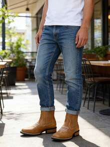 Men's Black Western Embroidery Chelsea Boots Retro Stitch Casual Ankle Boots