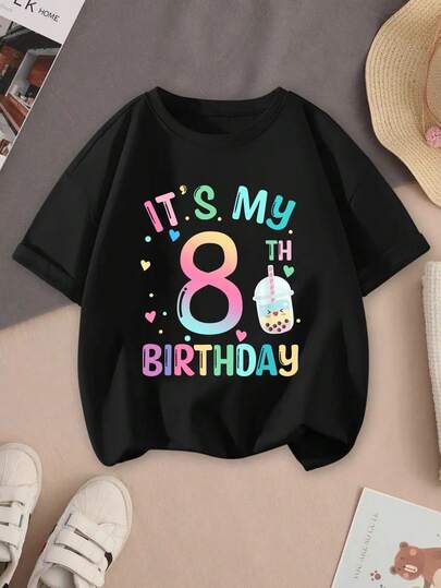 Girls' 8th Birthday T-Shirt| "It'S My 8th Birthday" Graphic Tee With Colorful Sprinkles & Cupcake Design, Soft Stretchy Knit Fabric, Round Neck Casual Summer Top For Youngsters, Birthday Party Outfit, Playful Graphic Tee, Comfortable Fit