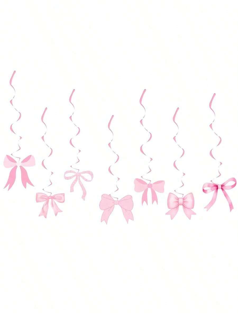 7pcs Pink Bow Party Hanging Swirls Decorations, Bowknot Birthday Party Foil Ceiling Decor For Women Bowknot Bachelorette Wedding Party Decorations,Black Bow Photo Props - 粉色 - 查看 1