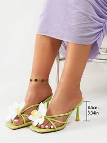 Women's Fashion Casual Elegant Square Toe Floral PU Striped Slip-On Comfortable Daily Summer Green Sandals, Women's High Heel Sandals - Green - View 6