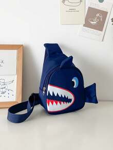 1pc Cartoon Shark Print Nylon Fabric Zipper Closure Casual Crossbody Bag, Suitable For Ramadan And Daily Use - A - View 6