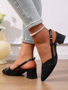 1 par de sandalias de tacón alto para adolescentes con hebilla, abertura poco profunda, punta puntiaguda, versátil resistente a manchas con patchwork negro, adecuado para fiestas, reuniones, compras, los tacones altos de punta puntiaguda corren pequeño, por favor compre 0.3-1cm talla grande pequeño según la longitud del pie - Negro - Ver 4