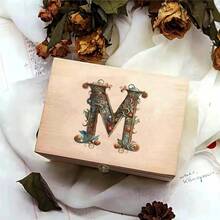 Caja de almacenamiento de madera para escritorio, embalaje de regalos de mayor calidad, estuche de joyería, organizador de almacenamiento de madera Retro, patrón de letras gráficas - J - Ver 21