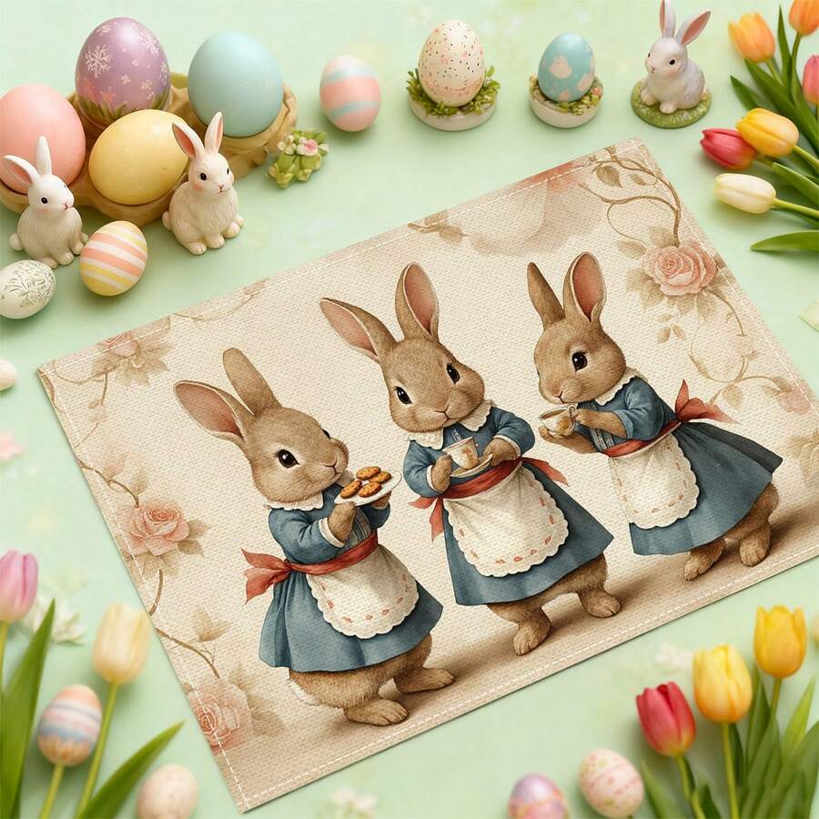 2/4/6/8pcs Rectangular Vintage Easter Happy Placemats, Vintage Easter Dining Table Decor With 3pcs Brown Rabbit Apron Floral Pattern, Seasonal Holiday Placemats For Kitchen Dining Room