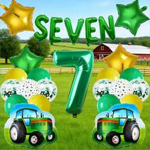 26件套拖拉机主题生日派对用品，包含数字气球、乳胶气球、星星气球和拖拉机图案气球，适合绿色拖拉机主题派对 - 彩色 - 查看 9