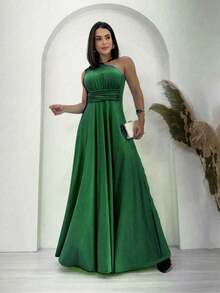 Aghata One Shoulder Long Dress, Solid Color, Elegant Fluity Knit, Women's Party Fashion - 軍綠色 - 查看 1