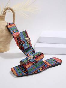 方头平底拖鞋，金属搭扣花卉沙滩凉鞋，女士优雅休闲百搭夏季平底凉鞋 - 藍色 - 查看 6