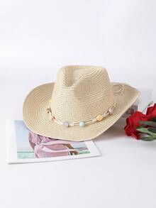 1pc Solid Color Bohemian Casual Straw Gem Cowboy Hat, Beach Vacation Sun Protection Straw Hat, Unisex Versatile For Commuting, All Seasons - C - View 23