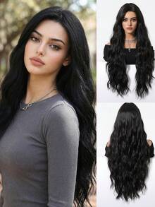 【1顶卷曲波浪高温丝假发】1顶优雅卷曲波浪高温丝假发，女士款，150%密度玫瑰网帽，时尚哑光质感，角色扮演风格，无蕾丝全头假发 - 黑色 - 查看 7