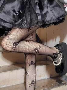 1pc Women's Dark Gothic Black Skeleton Print Leggings, Personalized Hollow Out Stockings Sexy Punk Street Fishnet Tights, Lolita Cool Goth Grunge Y2K Black Pantyhose - Black - View 6