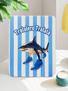 1pc Blue Striped Shark Painted Tablet Case, Suitable For IPad 10th/11th/10.2/10.5/Air4/Air5/10.9/Pro11/Air 11-In.(M2)-2024/Pro 11-In.(M4)-2024/IPad Air 11-Inch (M3) 2025/IPad (A16) 11 Inch 11th Generation 2025 Mini6/Mini7/Air1/Air2/9.7, Tab A8 10.5 Inch 2022, Minimalist/Creative/Unique/Cute/Niche Design, Built-In Pencil Slot, Tri-Fold Stand, Magnetic Sleep/Wake - Multicolor - View 4