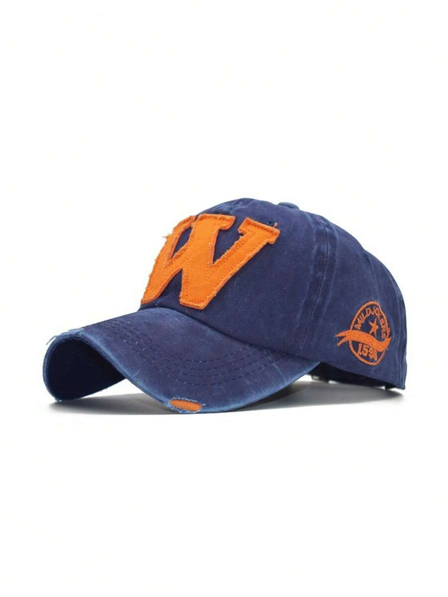 Gorras béisbol lavadas con bordado de letra W en cursiva, nuevas de primavera y otoño, con estilo personalizado, protección solar para actividades al aire libre - Azul marino - Ver 1