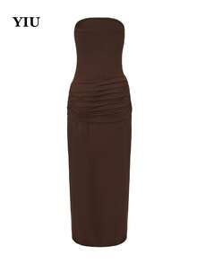 YIU Women's Sleeveless Bodycon Maxi Dress, Off-Shoulder Neckline, Ruched Gold Button Detail, Knit Fabric, Elegant & Sexy - Brown - View 8