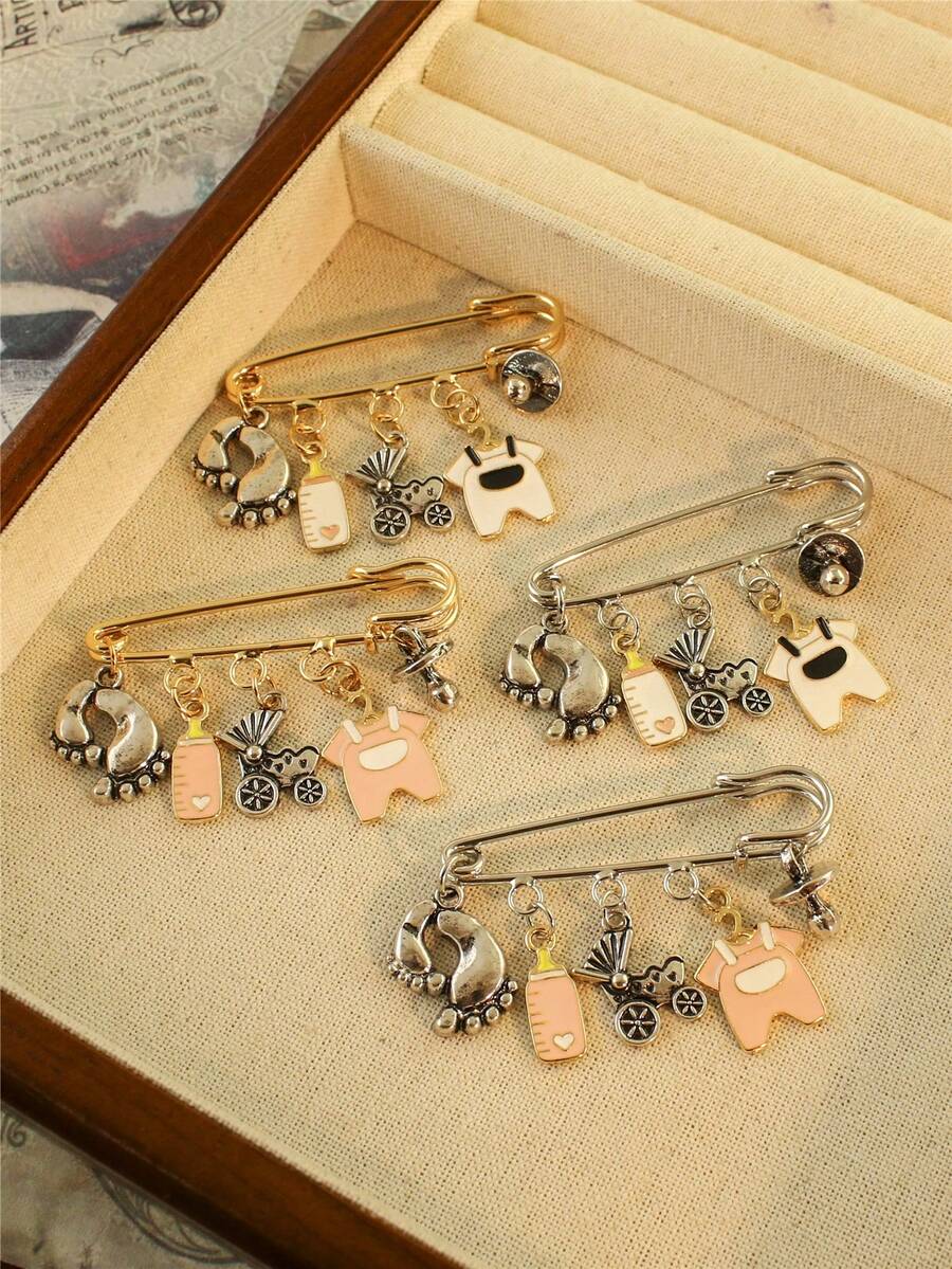 1件套时尚婴儿车、奶瓶、衣服、奶嘴、脚印主题胸针首饰