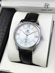 Đồng hồ Pablo Raez 1 chiếc, kiểu dáng đơn giản, đồng hồ đeo tay doanh nhân chính hãng dành cho quý ông, thép không gỉ, màu bạc sang trọng không gỉ, dây da microfiber đen mềm mại và thoải mái, thiết kế vạch chỉ giờ La Mã thời trang, hiển thị ngày, chống nước 50M, thương hiệu nổi tiếng. - Bạc - Xem 2