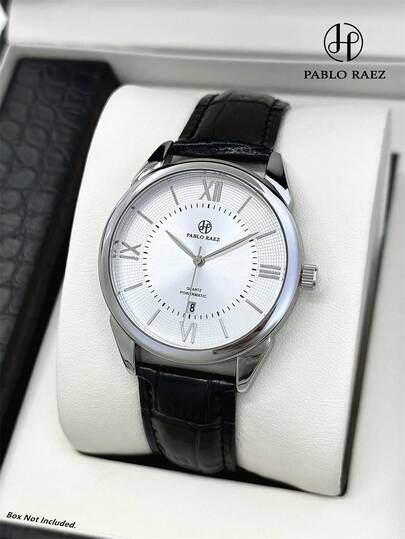  Pablo Raez 1件装简约男士腕表，原装商务腕表，绅士之选，不锈钢表壳，魅力奢华，银色永不褪色，黑色超细纤维皮革表带，柔软舒适，时尚罗马数字时标，条形刻度设计，带日期显示，50米防水，知名品牌
