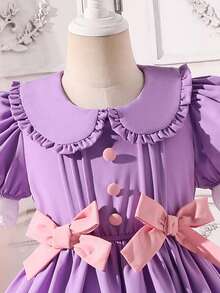 Đầm công chúa trắng thanh lịch cho bé gái, trang trí nơ, thiết kế tay phồng, thích hợp cho tiệc sinh nhật, các sự kiện ngày lễ, chụp ảnh, phù hợp với bé gái từ 4-7 tuổi, mùa xuân/hè. - Màu tím - Xem 4