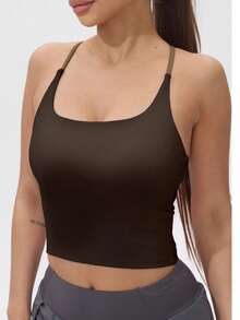Women's Fixed Pads Colorblock Stretchy Yoga Sports Halter Top - 咖啡棕 - 查看 2
