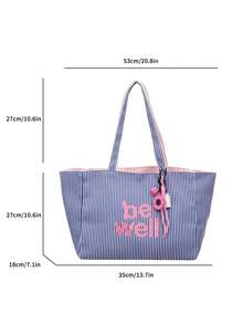 新款蓝色条纹字母手提包，配粉色哑铃吊坠设计，适合女孩，顶部拉链封口，双提手，适合工作、购物、商务旅行或其他场合。 - 藍色 - 查看 4