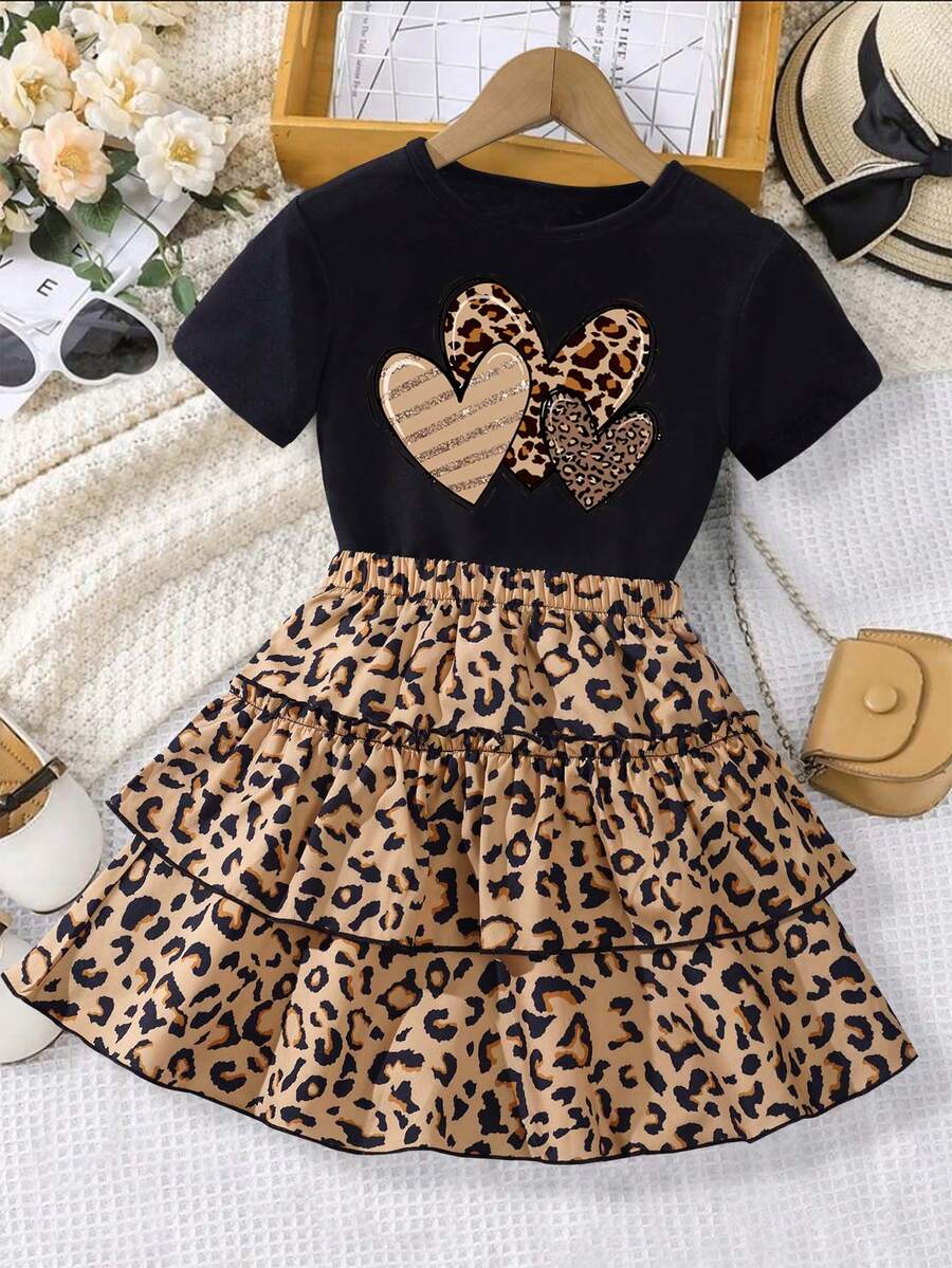 2pcs Girls Leopard Print Round Neck Short Sleeve Casual Top And Elastic Waist Ruffle Hem Skirt Set, Summer - Black - View 1
