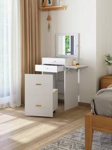 Living And Home White Dressing Table Set With HD Mirror Cushioned Stool With Wheels Multiple Extra Storage Drawers Compartments Nordic Modern Style Home Use For Bedroom Dressing Room - White - View 7