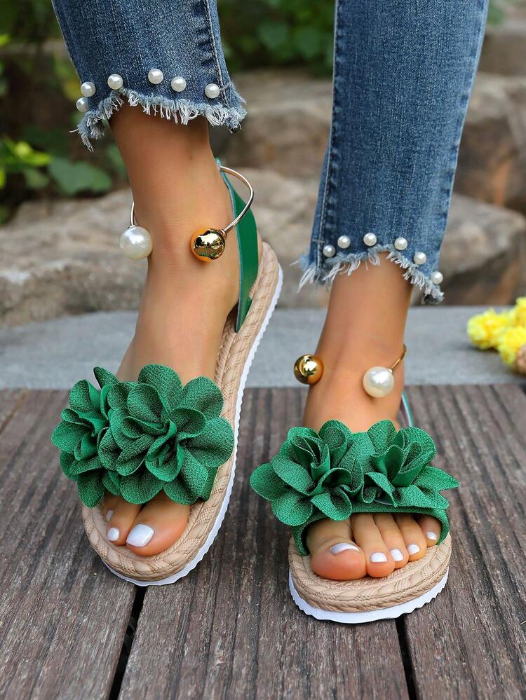 Sandalias de playa con estampado floral para mujer, de estilo bohemio dulce, versátiles para vacaciones en la playa, con suela suave y antideslizante - Verde - Añade 2