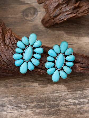 LUMIDIYA 一对复古银色西部蓝绿松石装饰耳钉，牛仔风格耳钉，女士礼物