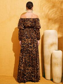 LOVE&LEMONADE Fashionable Women's Leopard Print Open Shoulder Long Sleeve Cinched Waist Detail Long Dress Wedding Party Spring - Brown - View 7