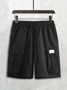 男士黑色工装短裤，带贴布装饰，多口袋设计，休闲户外街头风轻便耐穿夏季短裤 - 黑色 - 查看 4