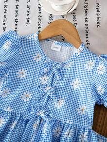 2件套女婴夏季雏菊印花蝴蝶结装饰前开襟泡泡袖上衣+配套可爱短裤套装 - 藍色 - 查看 4