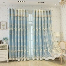 1件新款双层窗帘面料，采用3D刺绣珍珠薄纱，加厚全遮光刺绣现代北欧风格窗帘，适用于客厅、卧室、飘窗，遮光、隔热、隔音、防尘，带孔眼 - 藍色 - 查看 4
