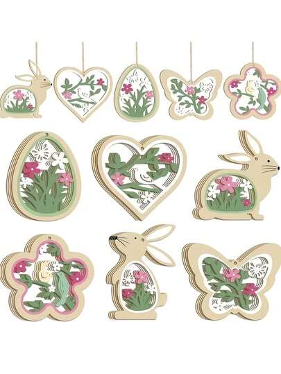 24pcs Cute Bunny Easter Egg Wooden Decor Set | Spring Decorative Pendant With Hemp Rope, Wooden Craft Ornament, Irregular Shape, Classic Style, Suitable For Easter Parties, Home Decor, And Seasonal Decorations