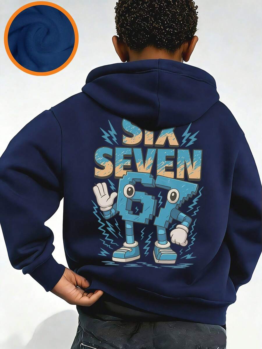 Tween Boy "67 Funny Number Meme" Print Fleece Pullover Sweatshirt Sweatshirt, Warm & Comfortable For Autumn/Winter, Suitable For Casual Wear & Streetwear - Navy Blue - View 1