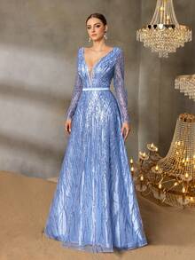 Faeriesty Vestido de noche de mujer con cuello en V profundo, decorado con lentejuelas, con mangas de malla transparente, vestido formal de línea A elegante, adecuado para cenas de gala, invitados de boda, eventos de alfombra roja, celebraciones y fiestas formales - Azul - Ver 5