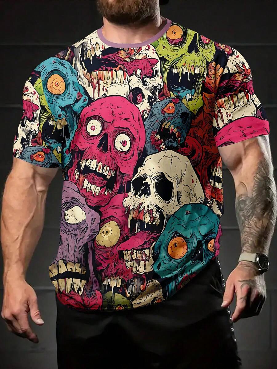 Colorful Zombie Skull 3D Digit Men'S Printed T-Shirt |   Bright Crew Neck And Short Sleeves, Slight Stretch Fabric, Ideal For Summer Outings And Casual Wear, Perfect Holiday Gift - Màu sắc hỗn hợp - Xem 1