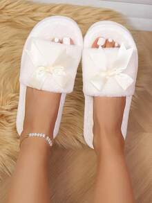 Sandal Rumah Wanita Warna Polos Terbaru dengan Hiasan Pita dan Ujung Terbuka, Sandal Lantai Dalam Ruangan yang Nyaman untuk Semua Musim - Putih - View 5