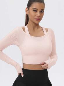 1pc Women Mesh Long Sleeve Cropped Yoga Active T-Shirt With Padded Bust - 粉色 - 查看 3