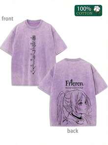 1pc Frieren Shirt - Beyond Journey's End Anime DoublePrinted Vintage Washed Tee Unisex OversizeHeavyweight Cotton T-Shirt For Anime Fans AndLovers Graphic Tee Shirts - Màu tím - Xem 7