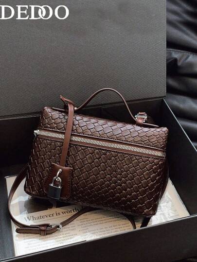 Dedoo 1pc High-Quality Solid Color PU Embossed Woven Plaid Handbag For Women, With Handle, Shoulder Strap, Woven Tote Bag, Fashion Minimalist Elegant Multifunctional Classic Woven PU Material Black Bag With Metal Lock Decor, Suitable For Commuting, Office, Dating, Daily Shopping, Afternoon Tea, New Year, Office Bag